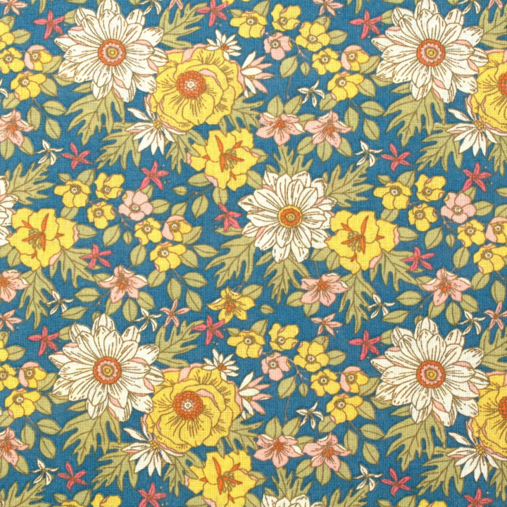 Tissu en Coton Bleu Roi avec Motifs de Fleurs Jaunes et Blanches