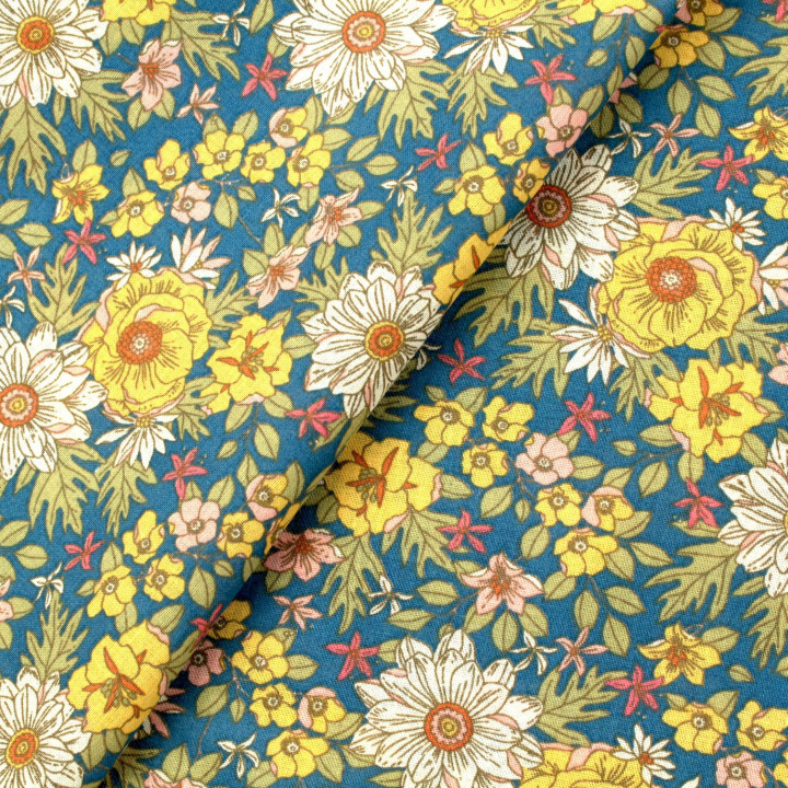 Tissu en Coton Bleu Roi avec Motifs de Fleurs Jaunes et Blanches