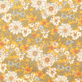 Tissu en Coton Vert : Décoré de Fleurs Blanches, Orange et Bleues pour une Touche Élégante