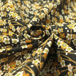 Tissu en Coton Noir avec Motifs Floraux Jaune, Orange, Blanc et Doré