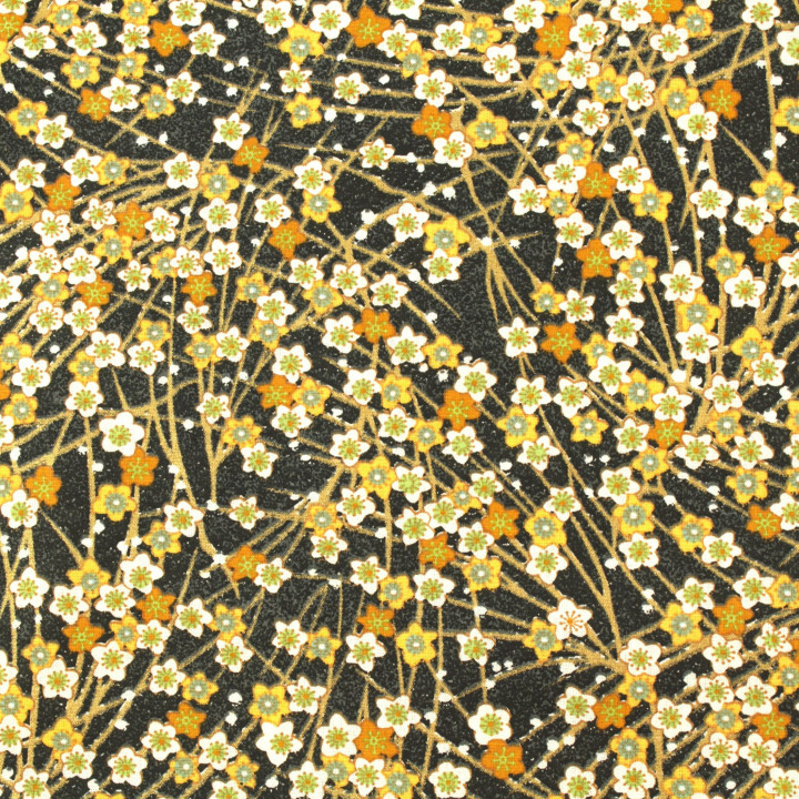 Tissu en Coton Noir avec Motifs Floraux Jaune, Orange, Blanc et Doré