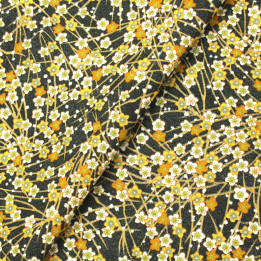 Tissu en Coton Noir avec Motifs Floraux Jaune, Orange, Blanc | Moline