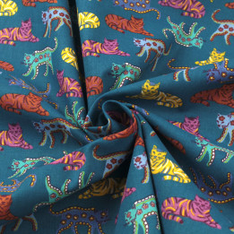 Tissu en Coton Bleu Roi avec Motifs de Chats Multicolores