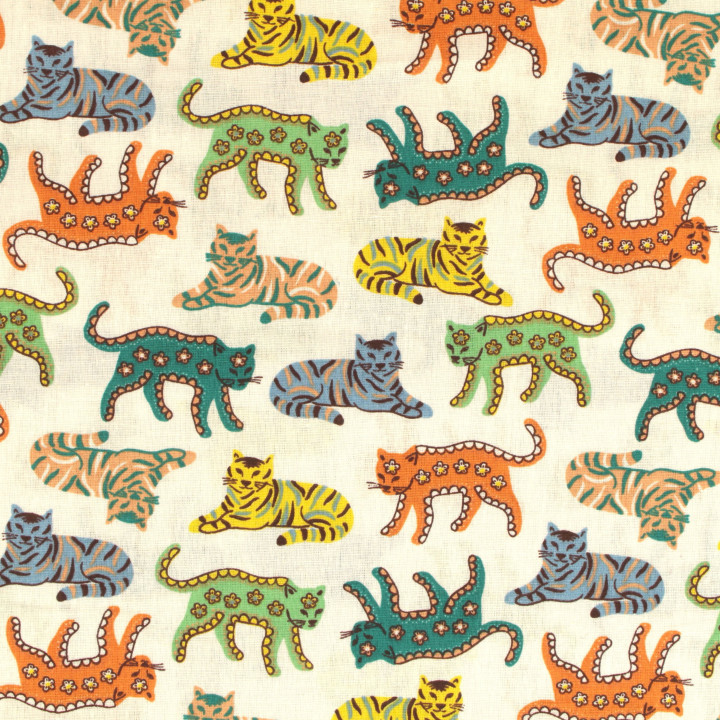 Tissu en Coton Blanc avec Motifs de Chats Multicolores
