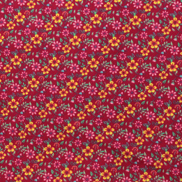 Tissu en Coton Bordeaux avec Motifs Floraux Jaune et Rose