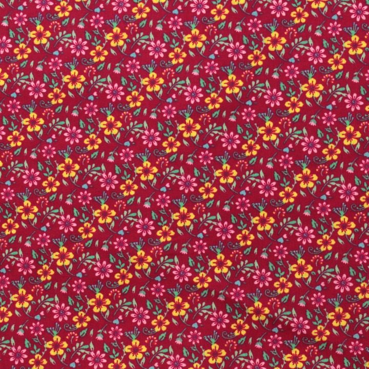 Tissu en Coton Bordeaux avec Motifs Floraux Jaune et Rose