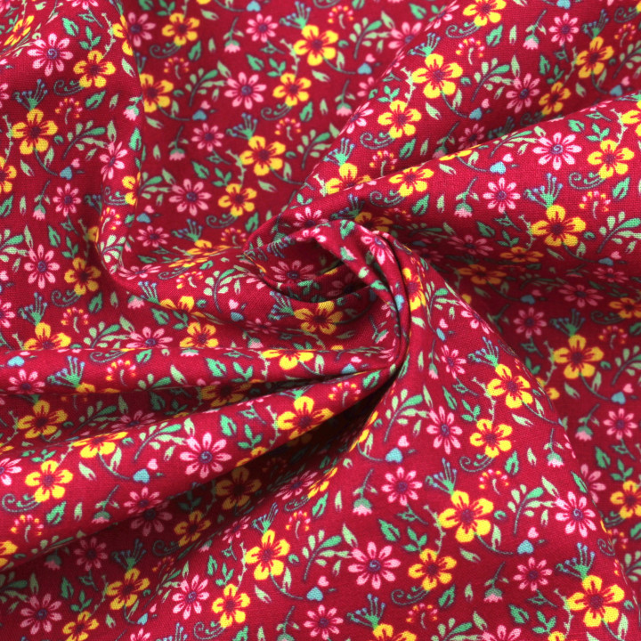 Tissu en Coton Bordeaux avec Motifs Floraux Jaune et Rose