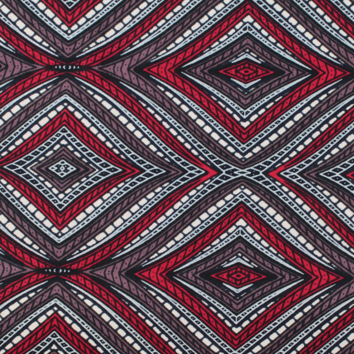 Tissu Wax de Haute Qualité à Motifs Géométriques Rouge, Gris et Blanc