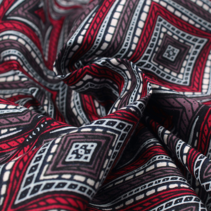 Tissu Wax de Haute Qualité à Motifs Géométriques Rouge, Gris et Blanc