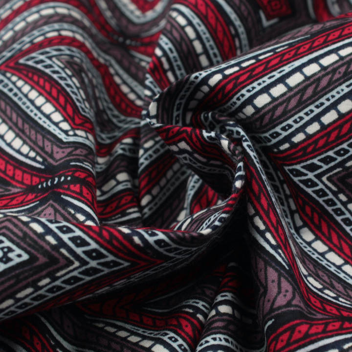 Tissu Wax de Haute Qualité à Motifs Géométriques Rouge, Gris et Blanc