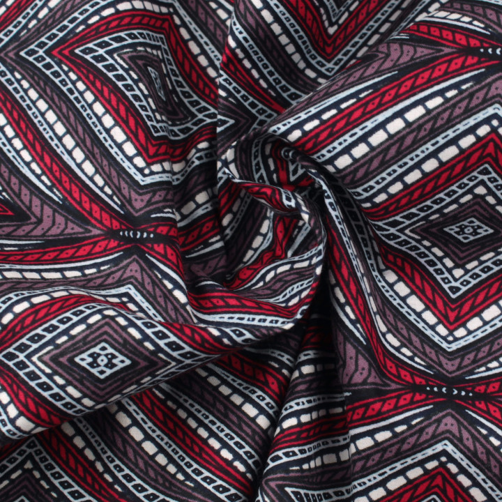 Tissu Wax de Haute Qualité à Motifs Géométriques Rouge, Gris et Blanc