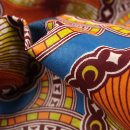 Tissu Wax de Haute Qualité à Motifs Géométriques Orange, Bleu, Jaune et Ocre