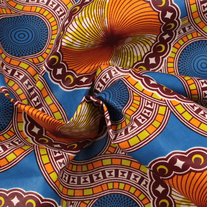 Tissu Wax de Haute Qualité à Motifs Géométriques Orange, Bleu, Jaune et Ocre