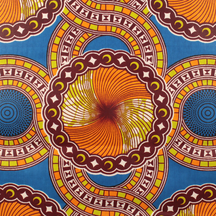 Tissu Wax de Haute Qualité à Motifs Géométriques Orange, Bleu, Jaune et Ocre