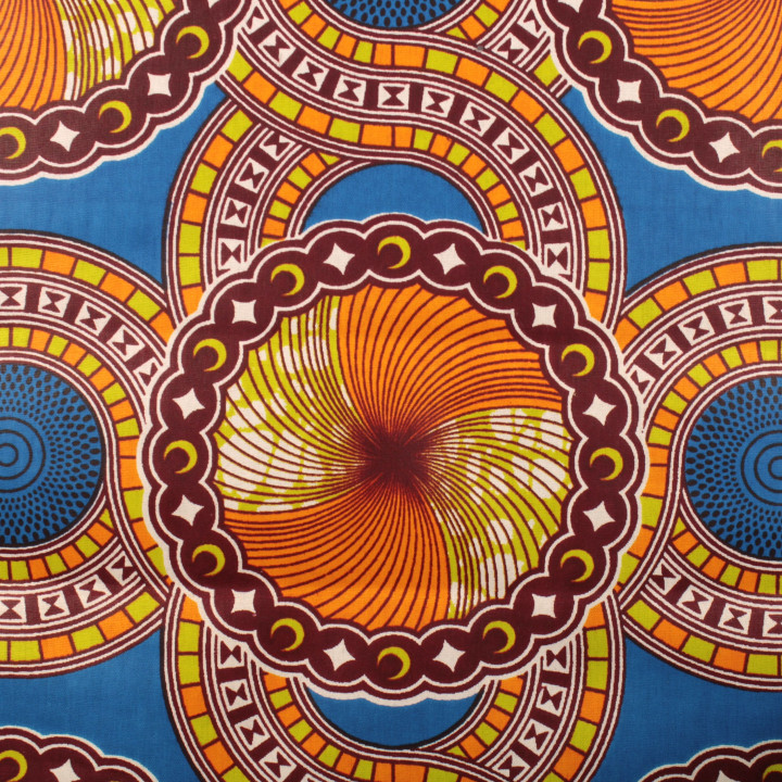 Tissu Wax de Haute Qualité à Motifs Géométriques Orange, Bleu, Jaune et Ocre