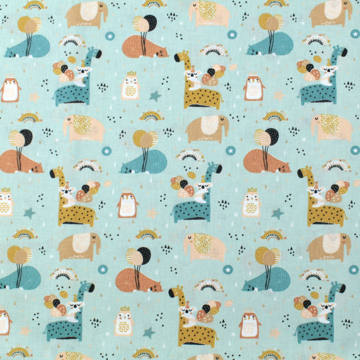 Tissu en coton bleu ciel avec imprimé d'animaux élégants