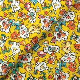 Tissu en coton jaune à motifs animaux manga mulitcolore - Idéal pour créations ludiques et originales