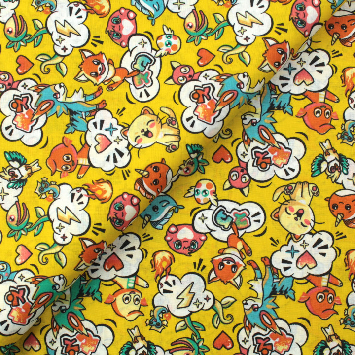 Tissu en coton jaune à motifs animaux manga mulitcolore - Idéal pour créations ludiques et originales