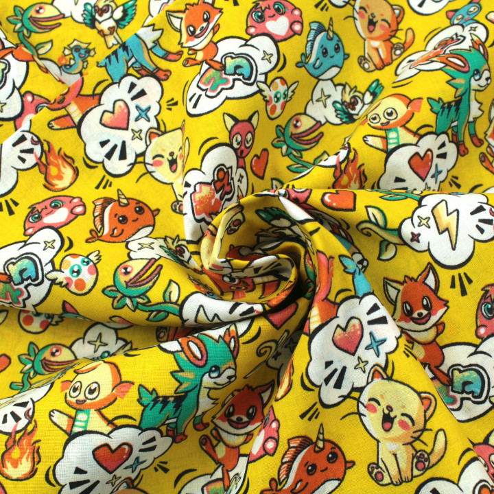Tissu en coton jaune à motifs animaux manga mulitcolore - Idéal pour créations ludiques et originales