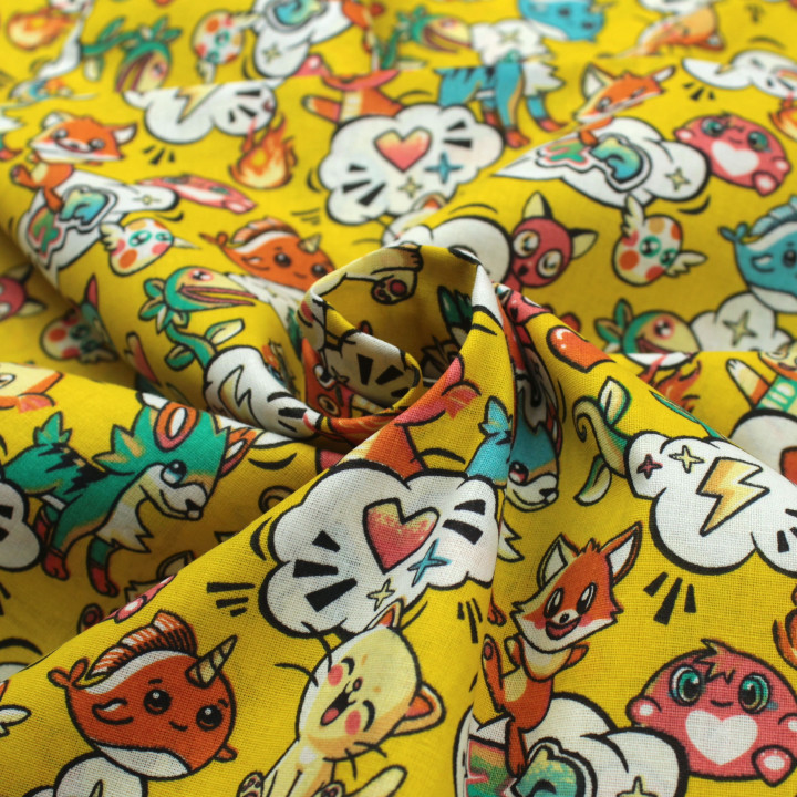 Tissu en coton jaune à motifs animaux manga mulitcolore - Idéal pour créations ludiques et originales