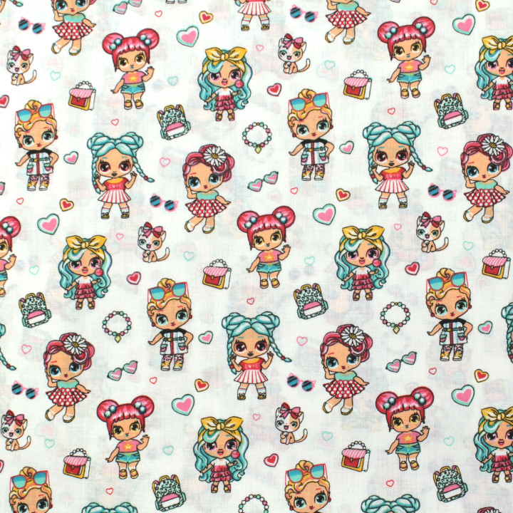 Tissu en coton blanc à motifs fillette girly - Idéal pour créations enfantines