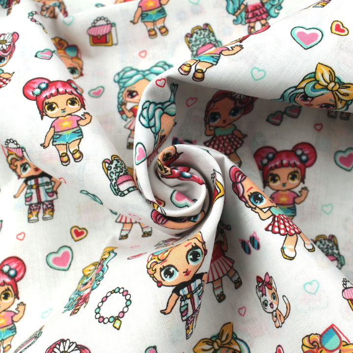 Tissu en coton blanc à motifs fillette girly - Idéal pour créations enfantines
