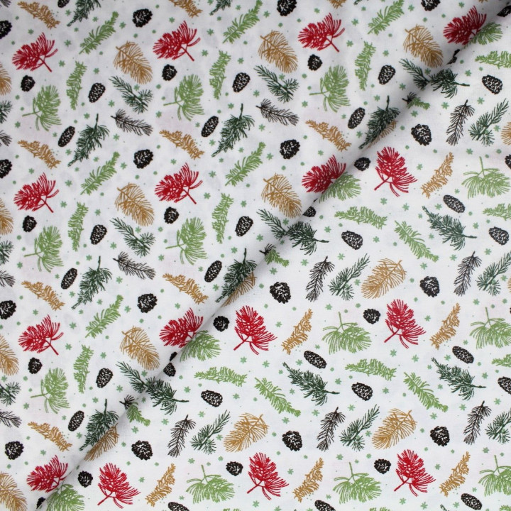 Tissu coton blanc milleraie imprimé hiboux rouge et vert