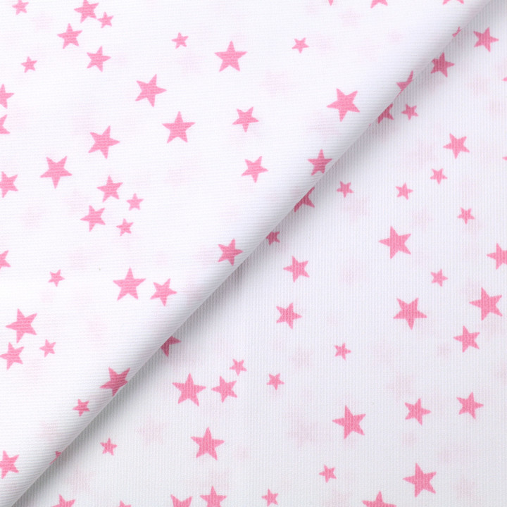 Tissu coton blanc milleraies avec motif étoiles roses