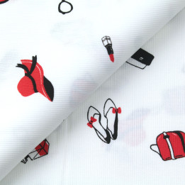 Tissu coton milleraies motif accessoires féminins mode rouge et noir
