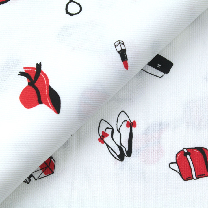 Tissu coton milleraies motif accessoires féminins mode rouge et noir