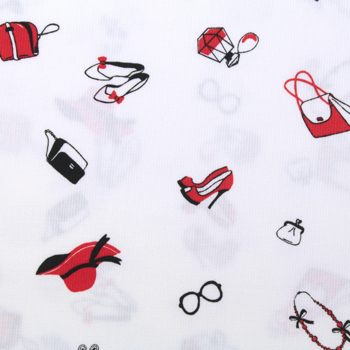 Tissu coton milleraies motif accessoires féminins mode rouge et noir