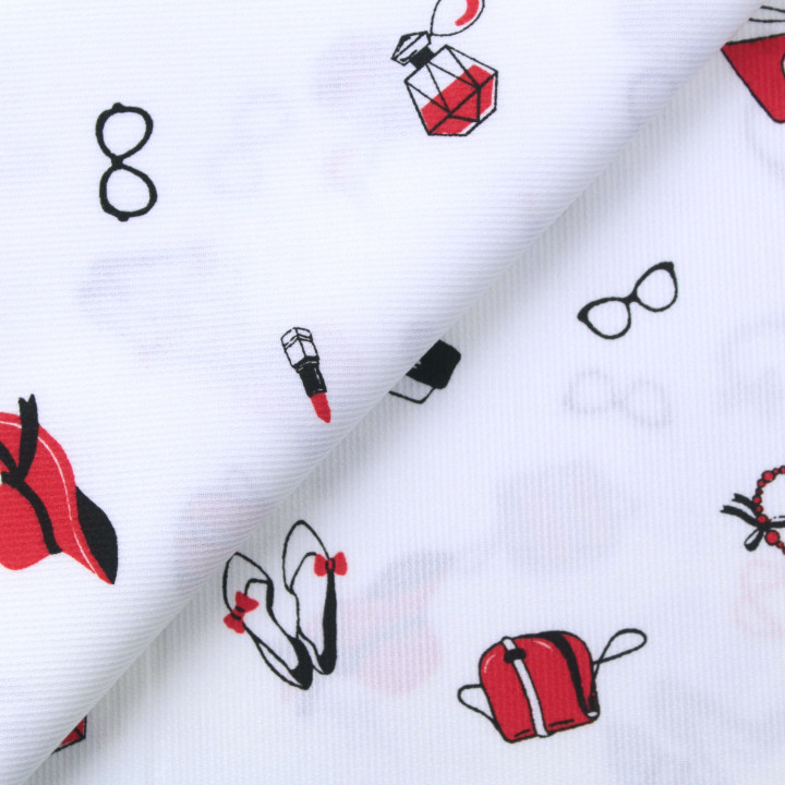 Tissu coton milleraies motif accessoires féminins mode rouge et noir