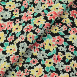 Tissu polyester noir à imprimé fleuri pastel multicolore