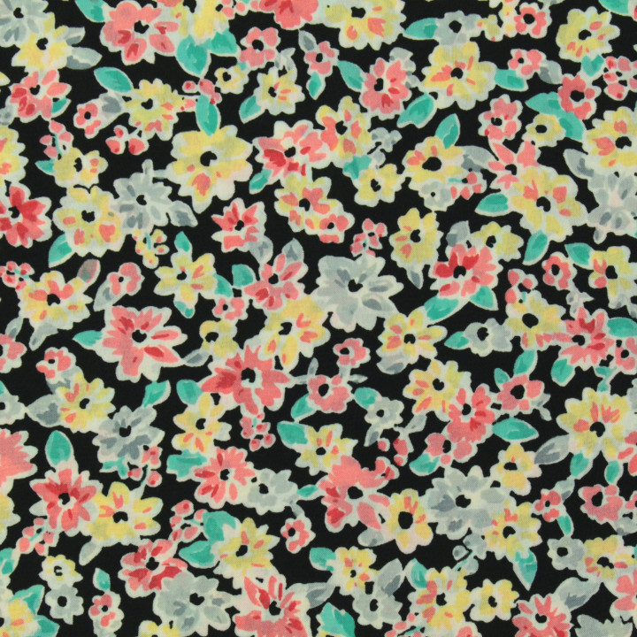 Tissu polyester noir à imprimé fleuri pastel multicolore