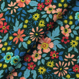 Tissu polyester vert foncé à imprimé floral multicolore