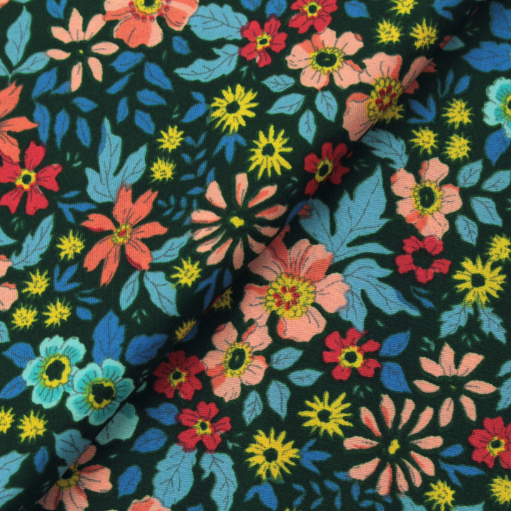 Tissu polyester vert foncé à imprimé floral multicolore