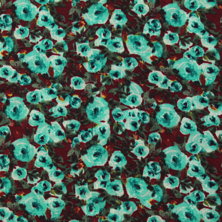 Tissu polyester bordeaux foncé à imprimé floral turquoise