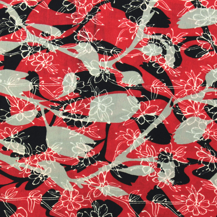 Tissu polyester rouge à imprimé floral gris et noir géométrique
