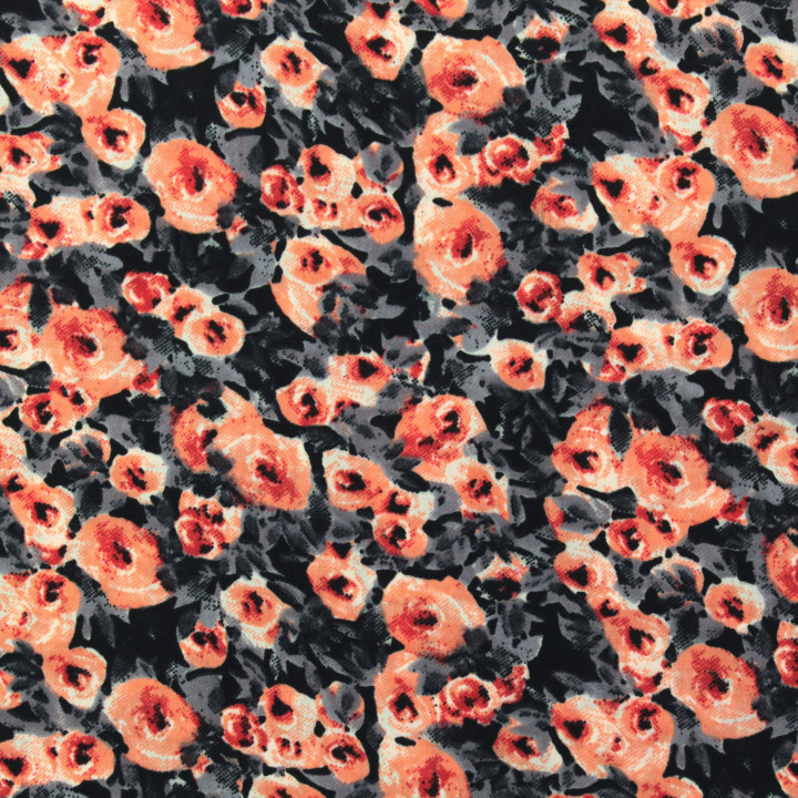 Tissu polyester noir à imprimé floral gris et orange