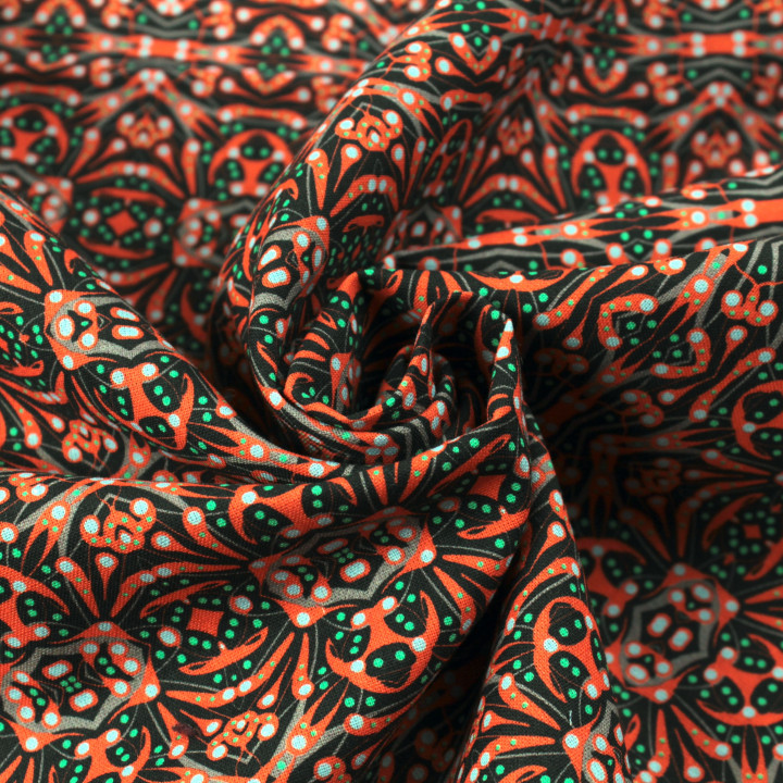 Tissu coton noir imprimé géométrique orange