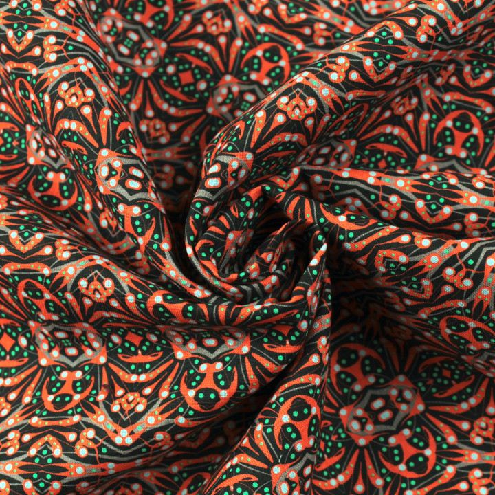 Tissu coton noir imprimé géométrique orange