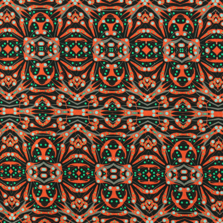 Tissu coton noir imprimé géométrique orange