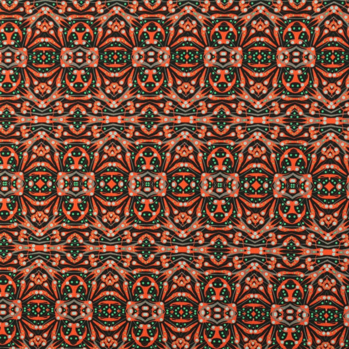 Tissu coton noir imprimé géométrique orange