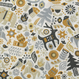 Tissu en Coton Blanc à Motifs Animaux et Noël Doré – Idéal pour des Créations Festives