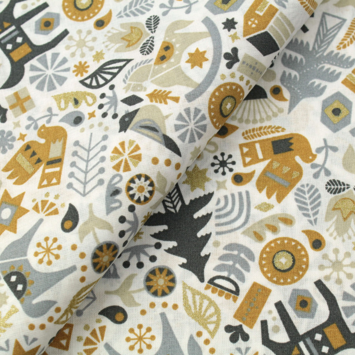 Tissu en Coton Blanc à Motifs Animaux et Noël Doré – Idéal pour des Créations Festives