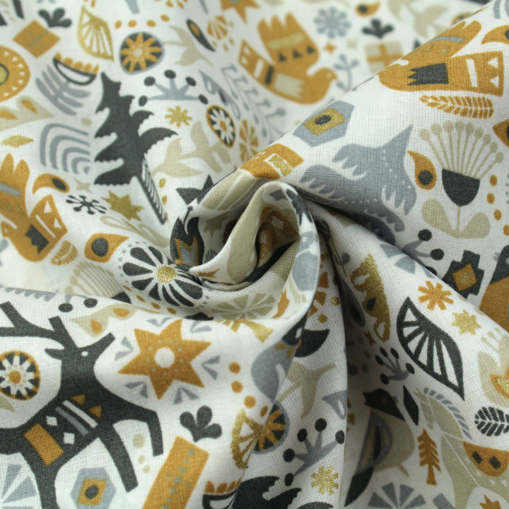 Tissu en Coton Blanc à Motifs Animaux et Noël Doré – Idéal pour des Créations Festives