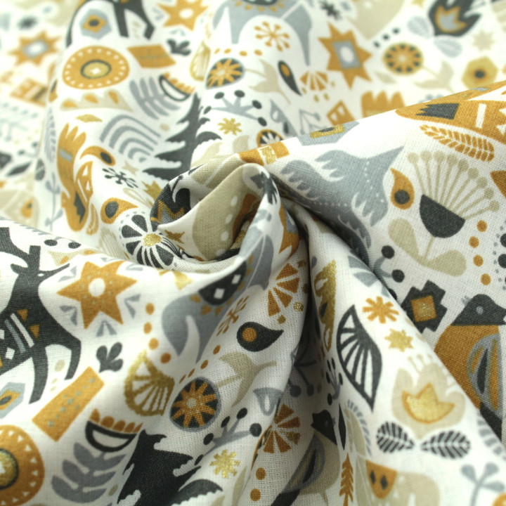 Tissu en Coton Blanc à Motifs Animaux et Noël Doré – Idéal pour des Créations Festives