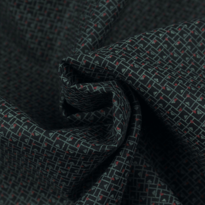 Tissu en Coton Japonais Noir à Motif Géométrique de Petits Triangles Rouges et Bleus