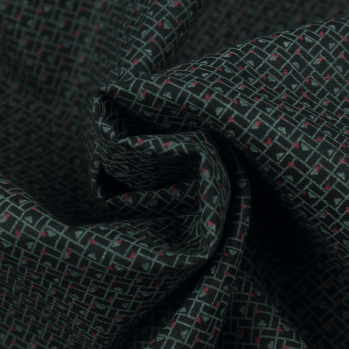 Tissu en Coton Japonais Noir à Motif Géométrique de Petits Triangles Rouges et Bleus