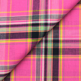 Tissu coton Madras rose et noir à rayures jaune – Haute qualité et authenticité